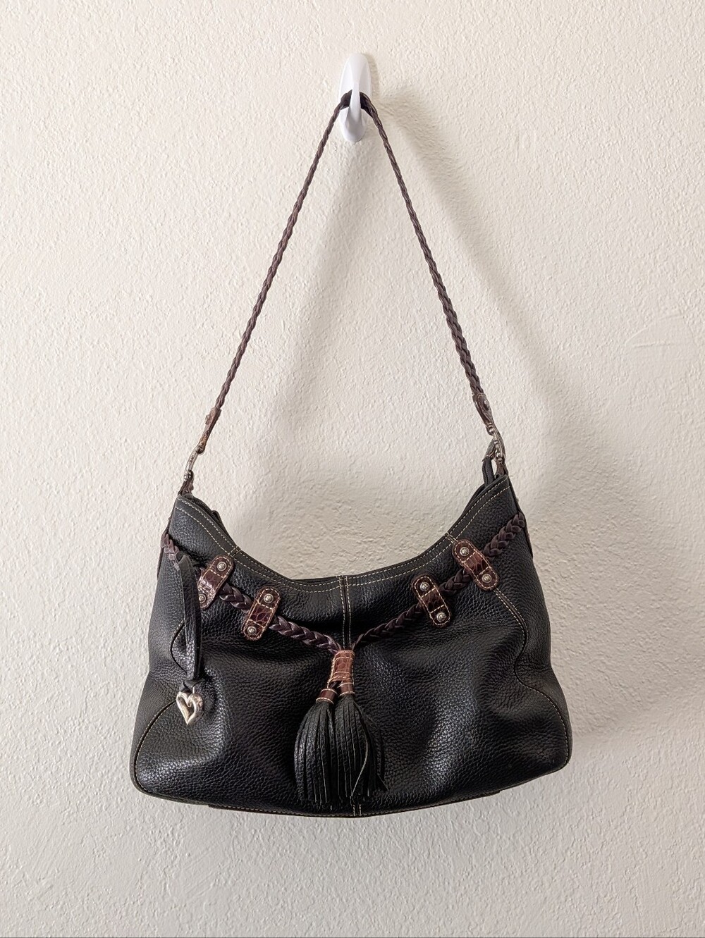 Brighton Black And Brown Large Leather Shoulder Bag Braided Strap